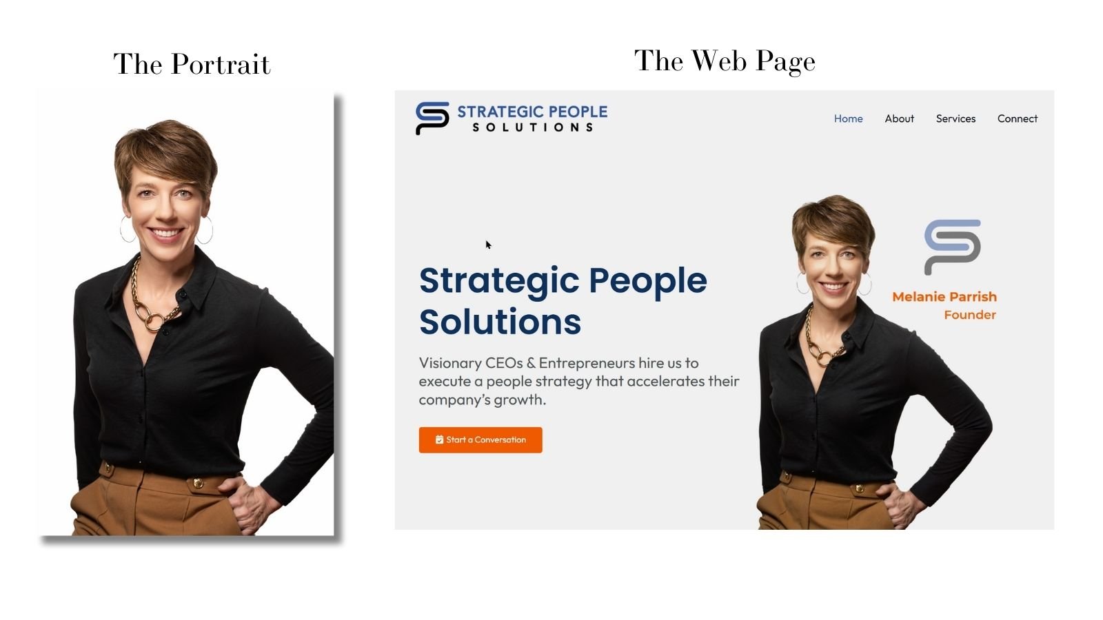 Usage of headshots made by Paolo Portraits in Charleston SC, on Melanie Parrish' website