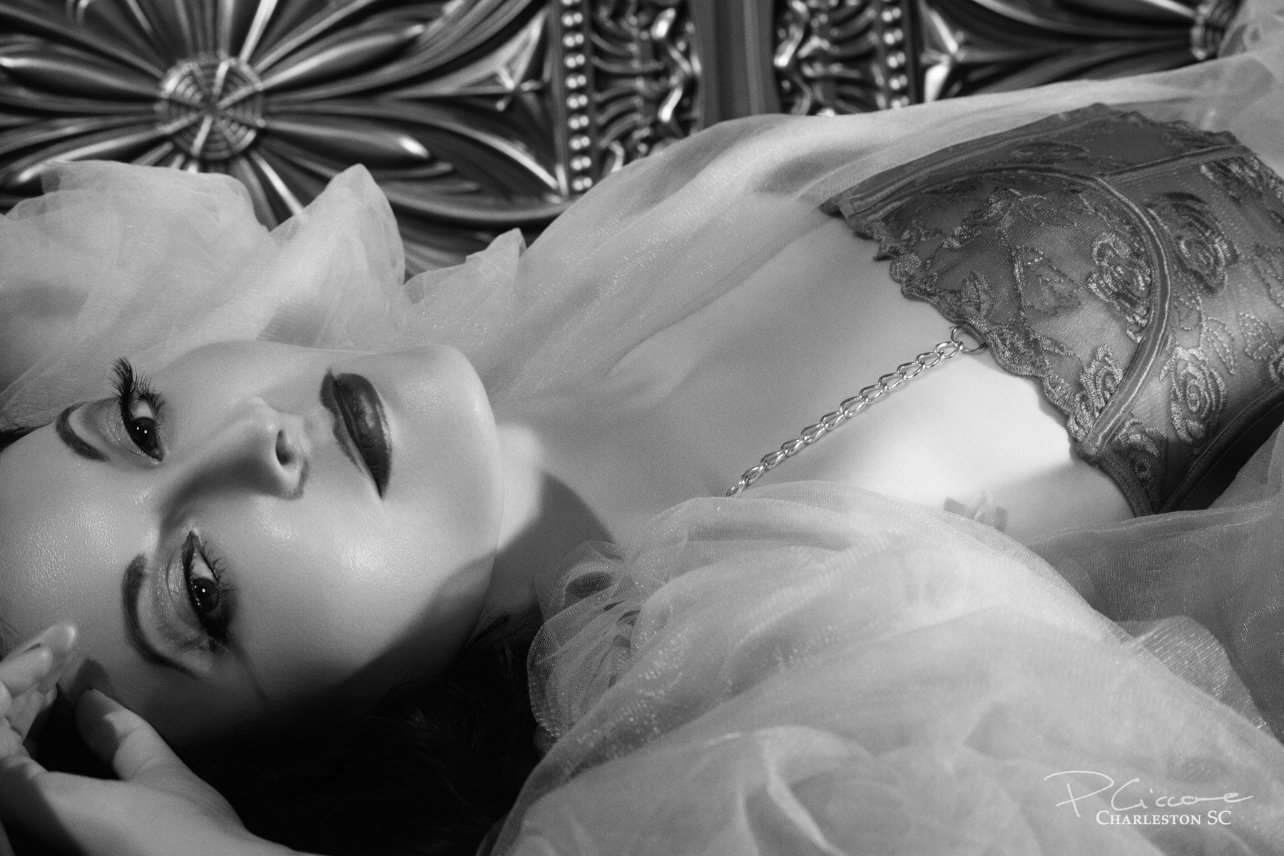 Classic black and white boudoir portrait of Tammy, made by Paolo Portraits in Charleston SC