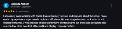 5-star review by Eurshula about her professional headshot experience the studio of Paolo Portraits in Charleston 