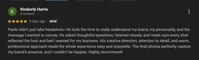 5-star review by Kimberly Harris Richart about her headshot experience at the studio of Paolo Portraits in Charleston 