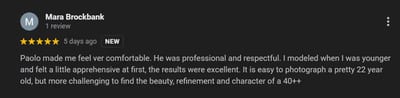5-star review by Mara Brockbank about her portrait experience at the studio of Paolo Portraits in Charleston